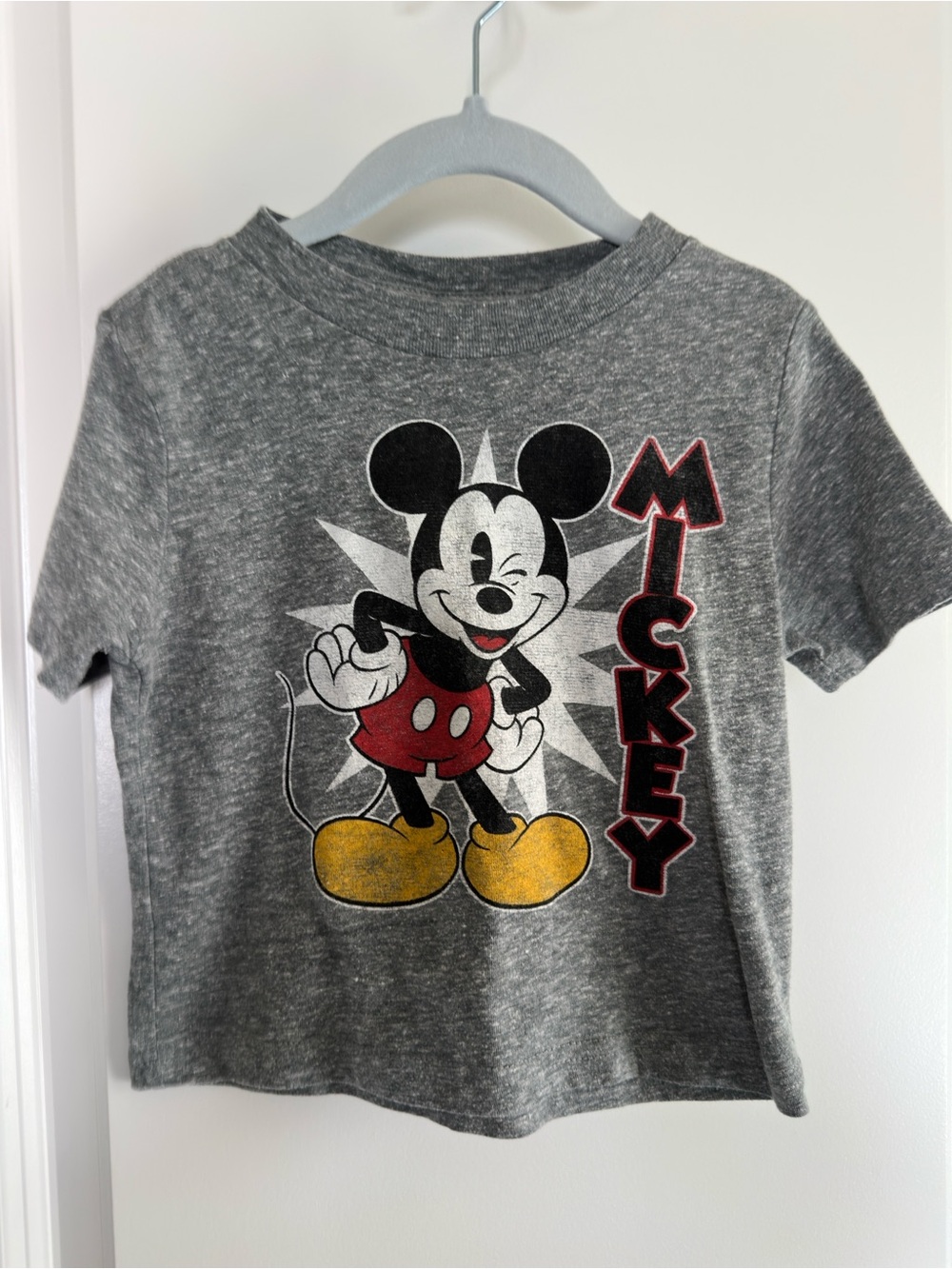 Disney Gray Mickey Graphic Tee with Red and Yellow Accents